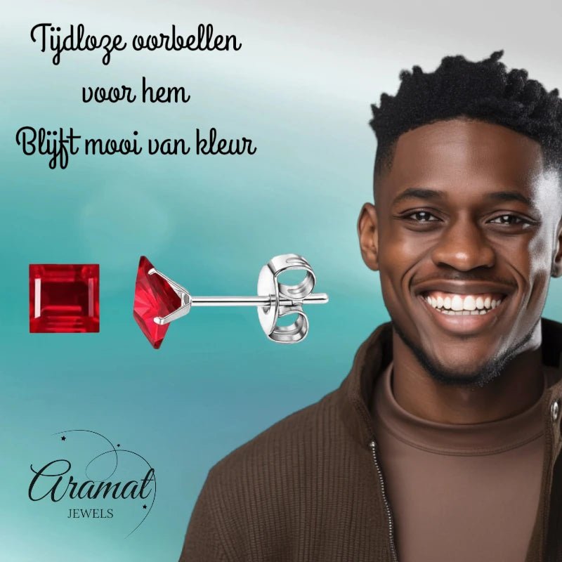 Oorbellen &acirc;&euro;&ldquo; 6mm Vierkante Zirkonia Rood op RVS Zilverkleur -