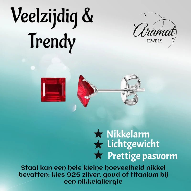 Oorbellen &acirc;&euro;&ldquo; 6mm Vierkante Zirkonia Rood op RVS Zilverkleur -