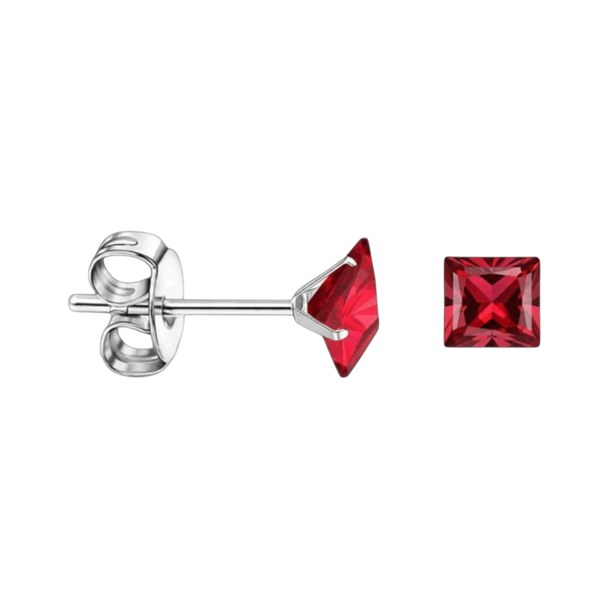 Oorbellen &acirc;&euro;&ldquo; 5mm Vierkante Zirkonia Rood op RVS Zilverkleur -