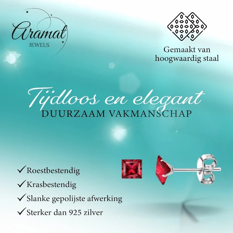 Oorbellen &acirc;&euro;&ldquo; 5mm Vierkante Zirkonia Rood op RVS Zilverkleur -
