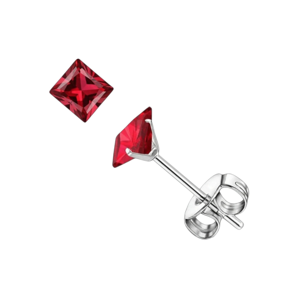 Oorbellen &acirc;&euro;&ldquo; 5mm Vierkante Zirkonia Rood op RVS Zilverkleur -