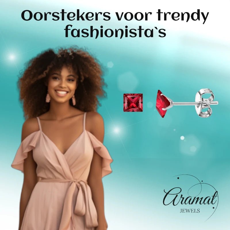 Oorbellen &acirc;&euro;&ldquo; 5mm Vierkante Zirkonia Rood op RVS Zilverkleur -