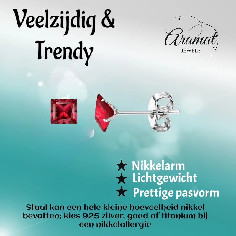 Oorbellen &acirc;&euro;&ldquo; 5mm Vierkante Zirkonia Rood op RVS Zilverkleur -