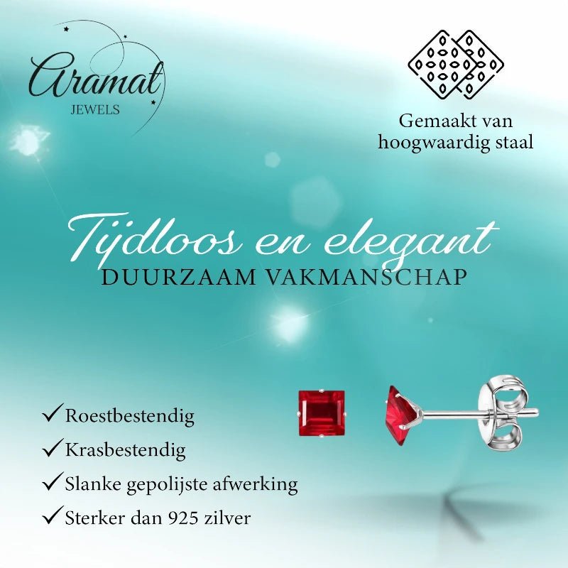 Oorbellen &acirc;&euro;&ldquo; RVS Zilverkleur met Rode Vierkante Zirkonia (4mm) -
