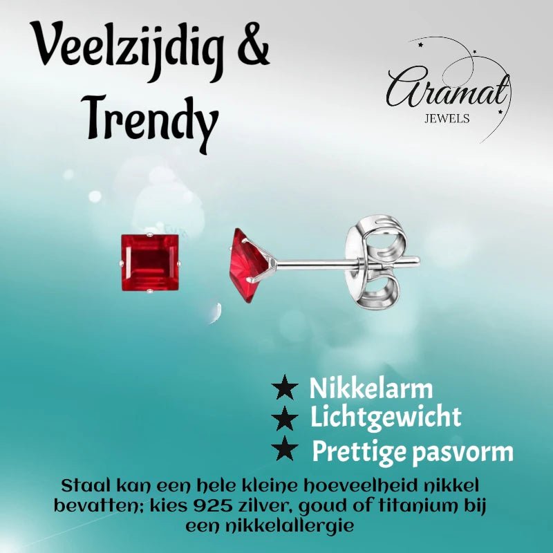 Oorbellen &acirc;&euro;&ldquo; RVS Zilverkleur met Rode Vierkante Zirkonia (4mm) -