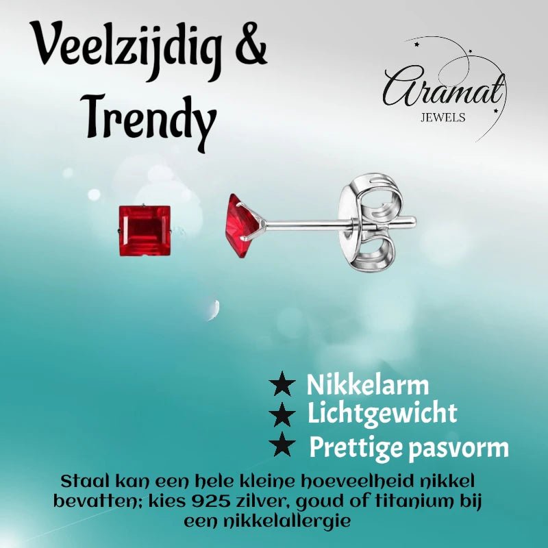 Oorbellen &acirc;&euro;&ldquo; RVS Zilverkleur met Rode Vierkante Zirkonia (3mm) -