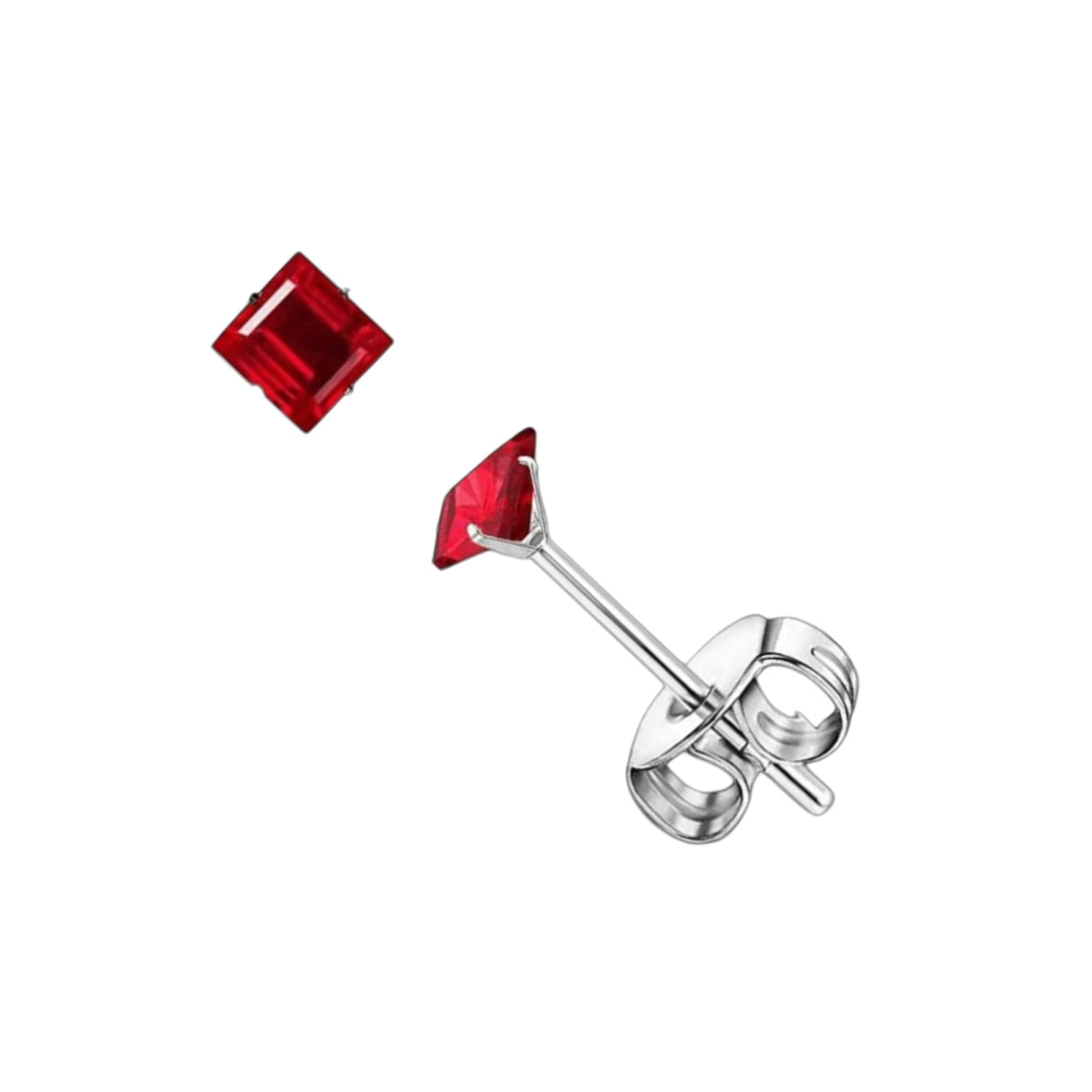 Oorbellen &acirc;&euro;&ldquo; RVS Zilverkleur met Rode Vierkante Zirkonia (3mm) -