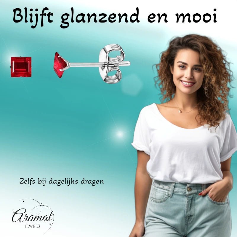Oorbellen &acirc;&euro;&ldquo; RVS Zilverkleur met Rode Vierkante Zirkonia (3mm) -
