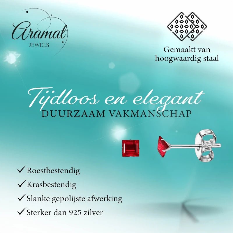 Oorbellen &acirc;&euro;&ldquo; RVS Zilverkleur met Rode Vierkante Zirkonia (3mm) -