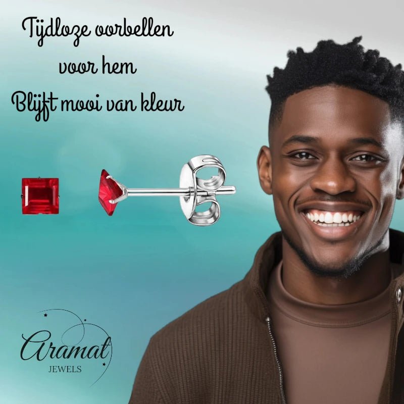 Oorbellen &acirc;&euro;&ldquo; RVS Zilverkleur met Rode Vierkante Zirkonia (3mm) -