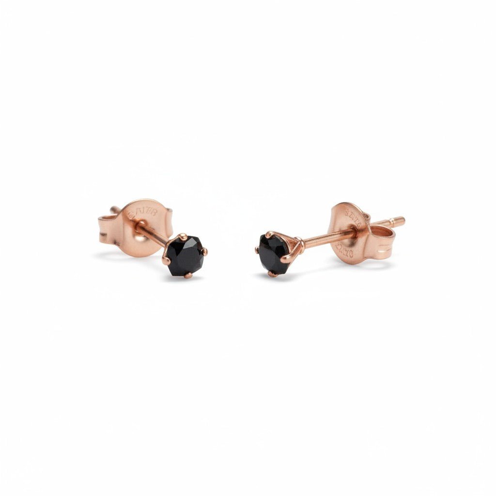 Oorbellen &acirc;&euro;&ldquo; RVS Ros&Atilde;&copy;goudkleur met Zwarte Vierkante Zirkonia (3mm) -