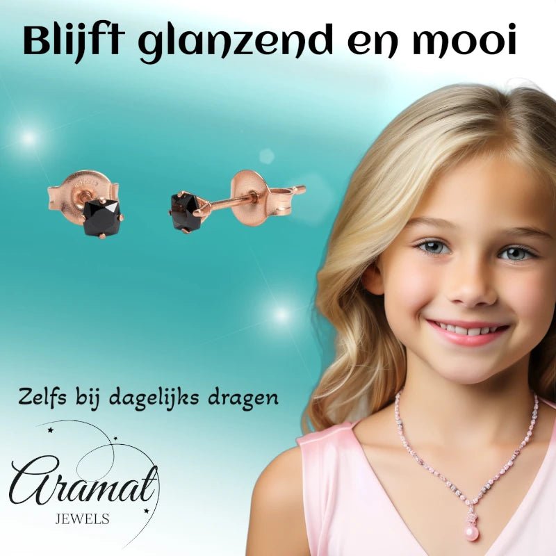 Oorbellen &acirc;&euro;&ldquo; RVS Ros&Atilde;&copy;goudkleur met Zwarte Vierkante Zirkonia (3mm) -