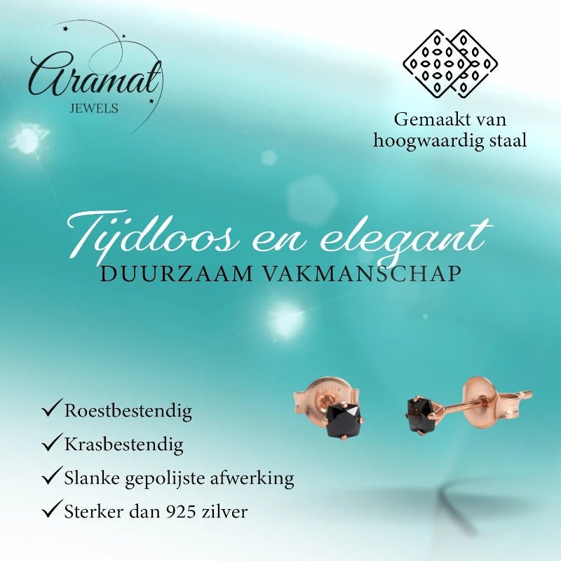 Oorbellen &acirc;&euro;&ldquo; RVS Ros&Atilde;&copy;goudkleur met Zwarte Vierkante Zirkonia (3mm) -