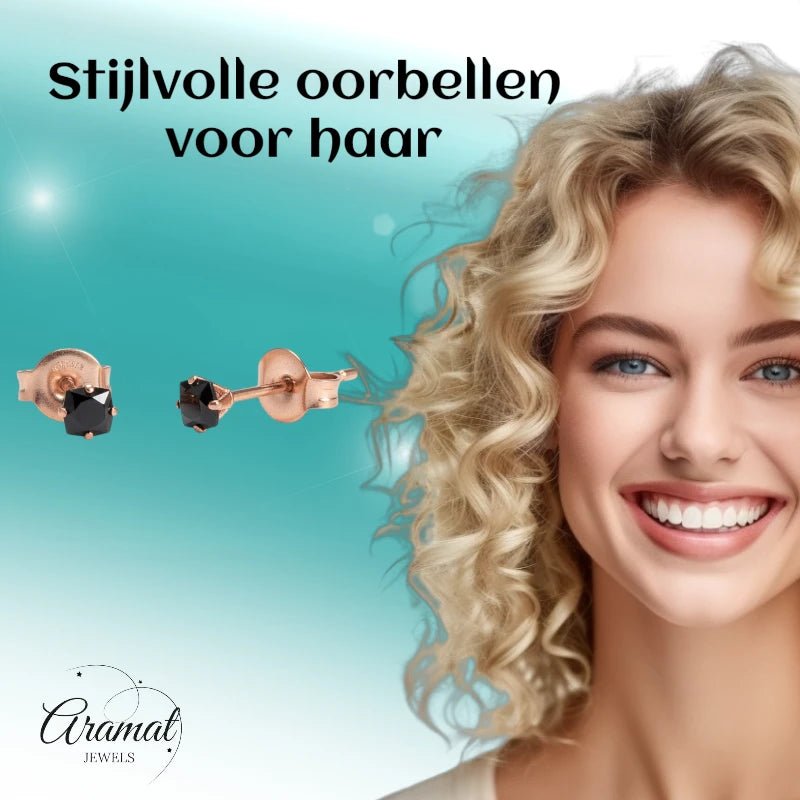 Oorbellen &acirc;&euro;&ldquo; RVS Ros&Atilde;&copy;goudkleur met Zwarte Vierkante Zirkonia (3mm) -