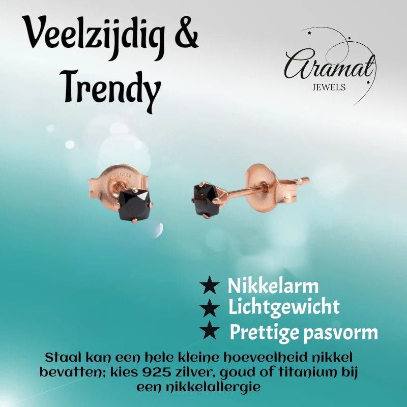 Oorbellen &acirc;&euro;&ldquo; RVS Ros&Atilde;&copy;goudkleur met Zwarte Vierkante Zirkonia (3mm) -