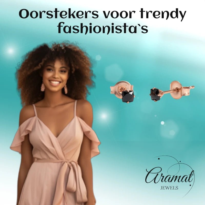 Oorbellen &acirc;&euro;&ldquo; RVS Ros&Atilde;&copy;goudkleur met Zwarte Vierkante Zirkonia (3mm) -