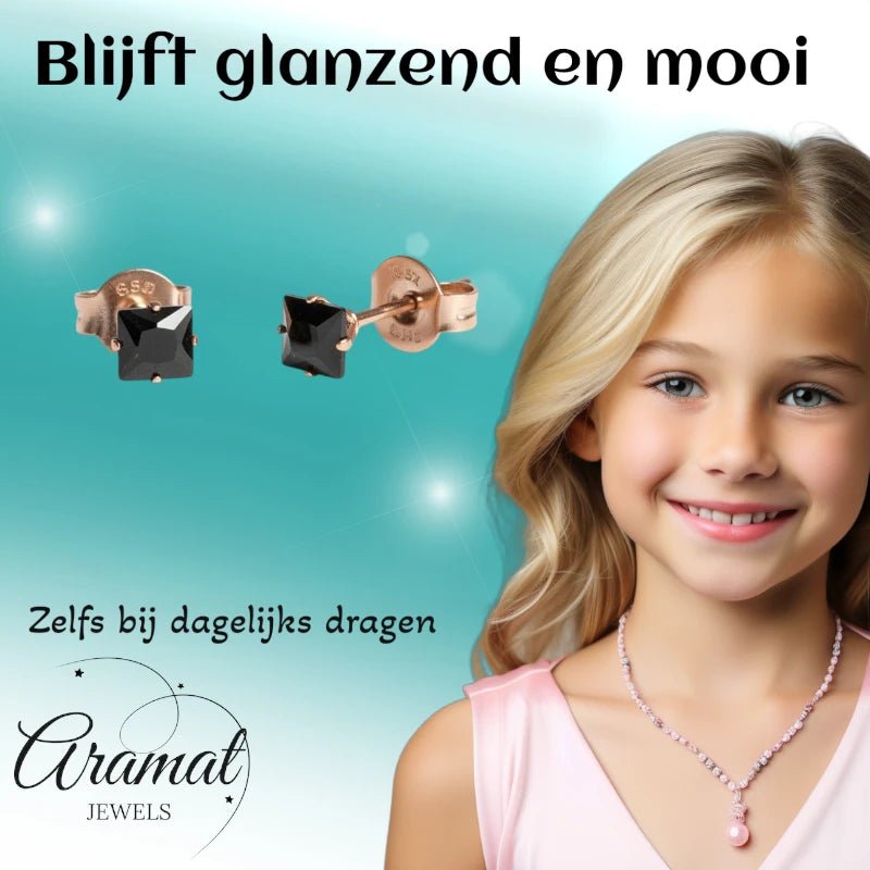 Oorbellen &acirc;&euro;&ldquo; RVS Ros&Atilde;&copy;goudkleur met Zwarte Vierkante Zirkonia (4mm) -