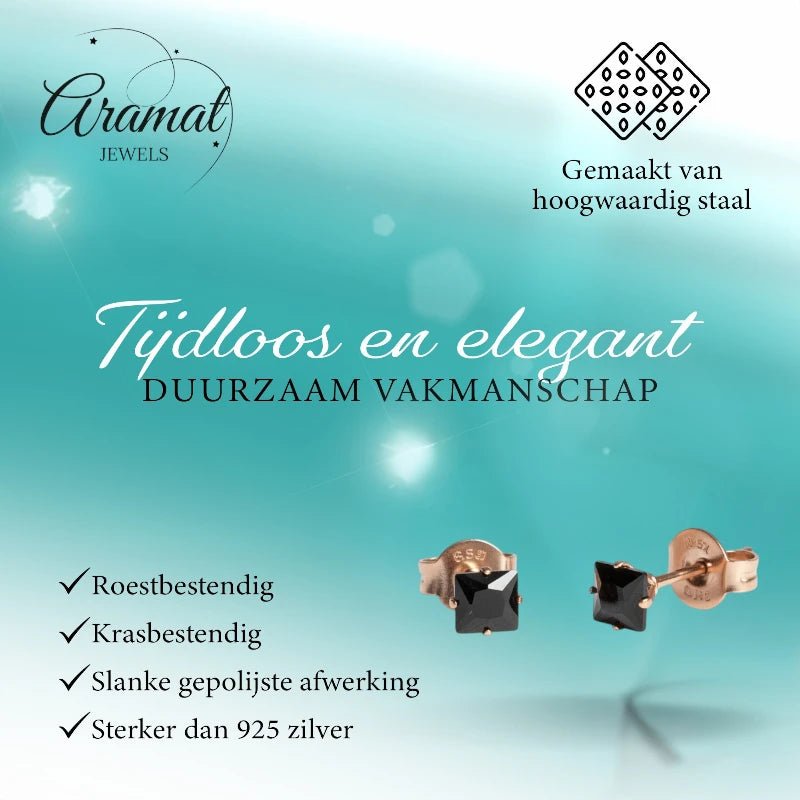 Oorbellen &acirc;&euro;&ldquo; RVS Ros&Atilde;&copy;goudkleur met Zwarte Vierkante Zirkonia (4mm) -
