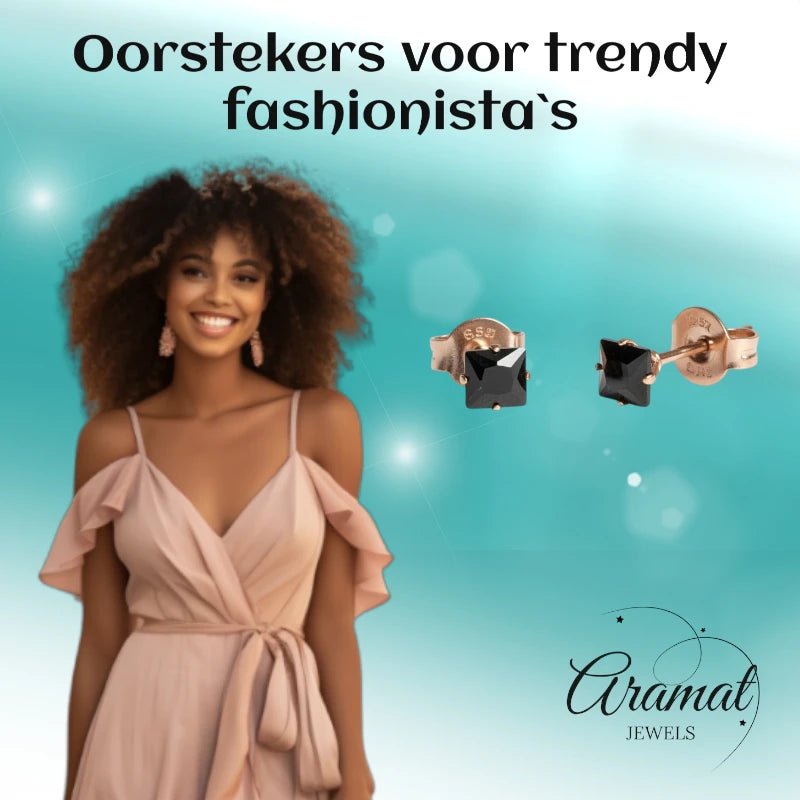 Oorbellen &acirc;&euro;&ldquo; RVS Ros&Atilde;&copy;goudkleur met Zwarte Vierkante Zirkonia (4mm) -