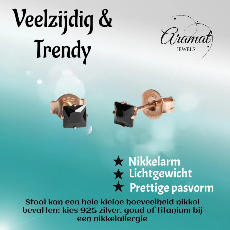Oorbellen &acirc;&euro;&ldquo; RVS Ros&Atilde;&copy;goudkleur met Zwarte Vierkante Zirkonia (4mm) -
