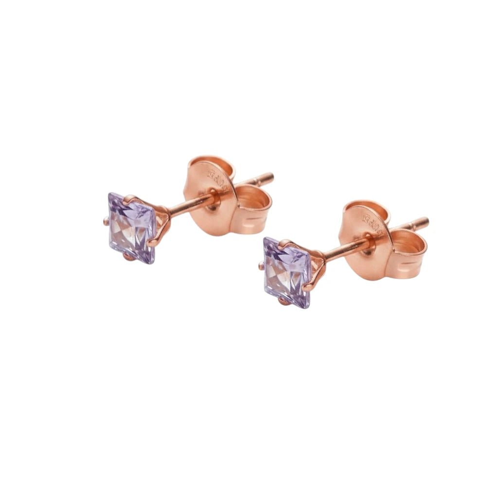 Oorbellen &acirc;&euro;&ldquo; RVS Ros&Atilde;&copy;goudkleur met Lila Vierkante Zirkonia (4mm) -
