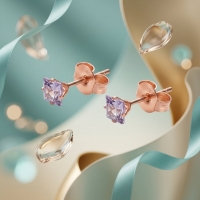 Oorbellen &acirc;&euro;&ldquo; RVS Ros&Atilde;&copy;goudkleur met Lila Vierkante Zirkonia (4mm) -