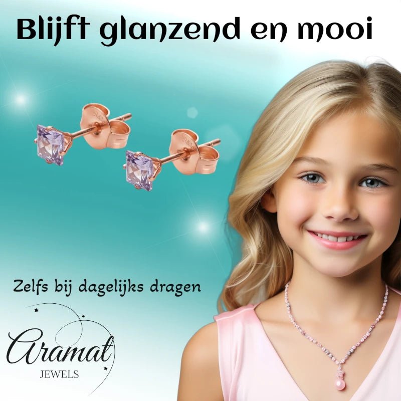 Oorbellen &acirc;&euro;&ldquo; RVS Ros&Atilde;&copy;goudkleur met Lila Vierkante Zirkonia (4mm) -