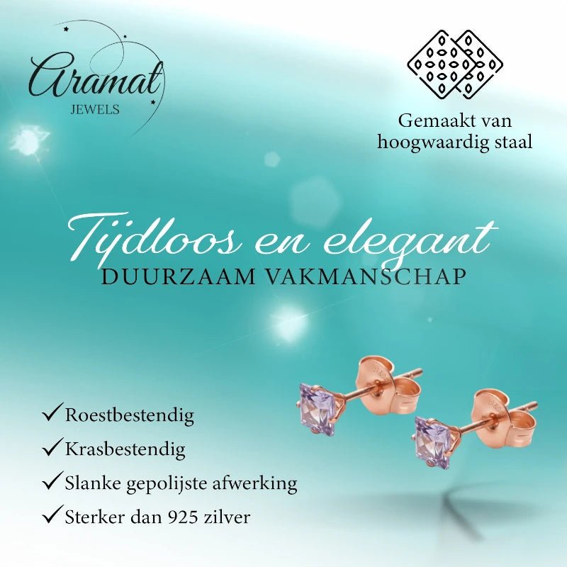 Oorbellen &acirc;&euro;&ldquo; RVS Ros&Atilde;&copy;goudkleur met Lila Vierkante Zirkonia (4mm) -