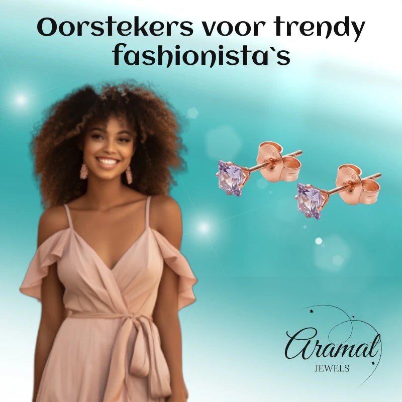 Oorbellen &acirc;&euro;&ldquo; RVS Ros&Atilde;&copy;goudkleur met Lila Vierkante Zirkonia (4mm) -