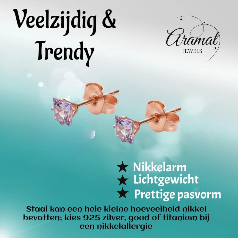 Oorbellen &acirc;&euro;&ldquo; RVS Ros&Atilde;&copy;goudkleur met Lila Vierkante Zirkonia (4mm) -