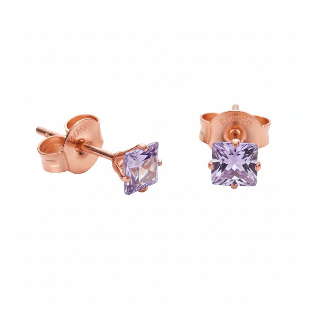 Oorbellen &acirc;&euro;&ldquo; RVS Ros&Atilde;&copy;goudkleur met Lila Vierkante Zirkonia (3mm) -