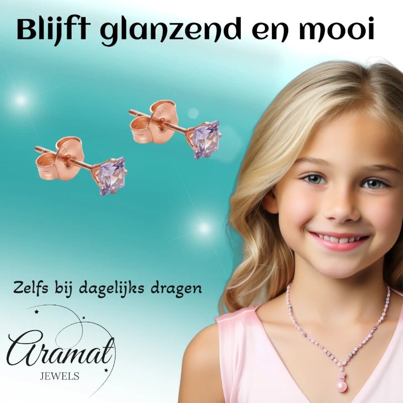 Oorbellen &acirc;&euro;&ldquo; RVS Ros&Atilde;&copy;goudkleur met Lila Vierkante Zirkonia (3mm) -