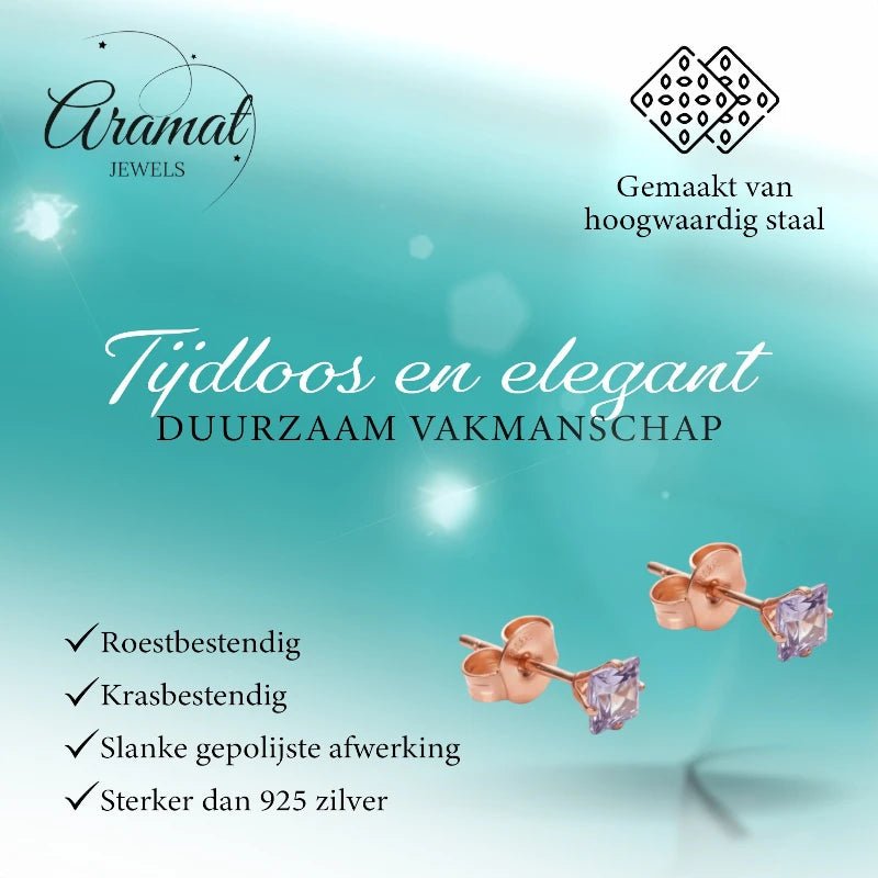 Oorbellen &acirc;&euro;&ldquo; RVS Ros&Atilde;&copy;goudkleur met Lila Vierkante Zirkonia (3mm) -