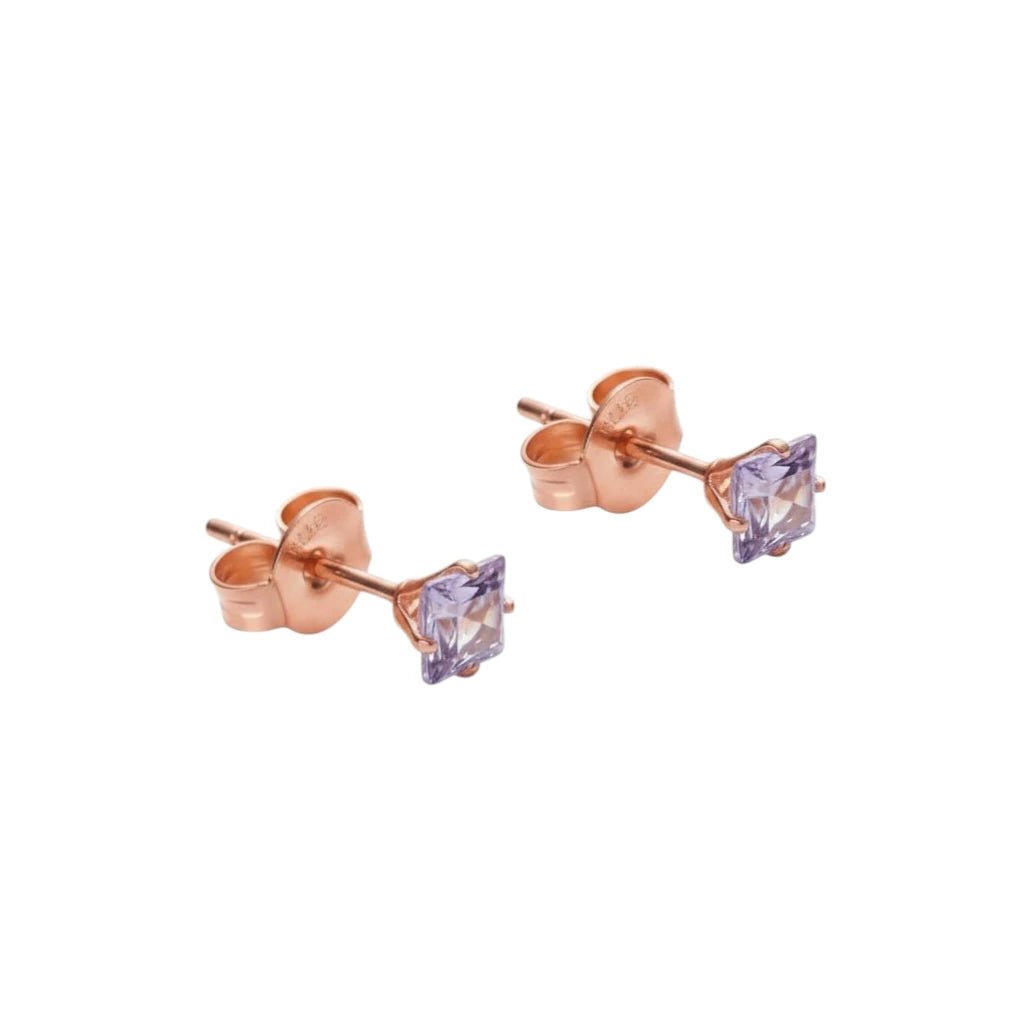 Oorbellen &acirc;&euro;&ldquo; RVS Ros&Atilde;&copy;goudkleur met Lila Vierkante Zirkonia (3mm) -