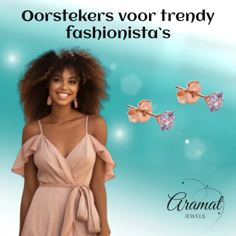 Oorbellen &acirc;&euro;&ldquo; RVS Ros&Atilde;&copy;goudkleur met Lila Vierkante Zirkonia (3mm) -