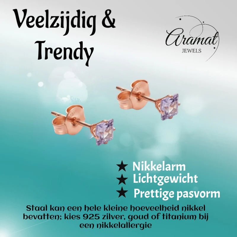 Oorbellen &acirc;&euro;&ldquo; RVS Ros&Atilde;&copy;goudkleur met Lila Vierkante Zirkonia (3mm) -