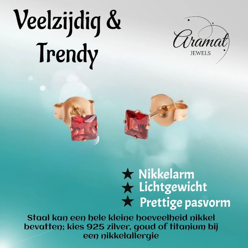 Oorbellen &acirc;&euro;&ldquo; RVS Ros&Atilde;&copy;goudkleur met Rode Vierkante Zirkonia (4mm) -