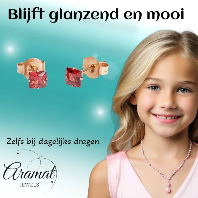 Oorbellen &acirc;&euro;&ldquo; RVS Ros&Atilde;&copy;goudkleur met Rode Vierkante Zirkonia (4mm) -