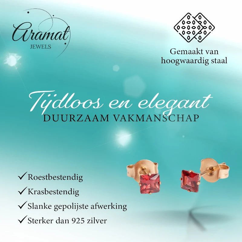 Oorbellen &acirc;&euro;&ldquo; RVS Ros&Atilde;&copy;goudkleur met Rode Vierkante Zirkonia (4mm) -