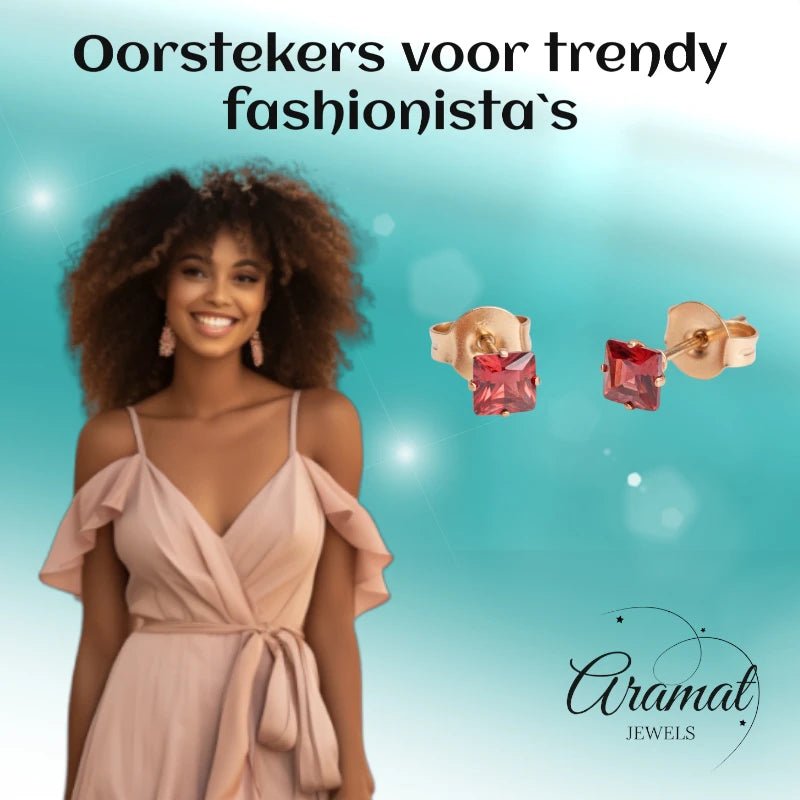 Oorbellen &acirc;&euro;&ldquo; RVS Ros&Atilde;&copy;goudkleur met Rode Vierkante Zirkonia (4mm) -