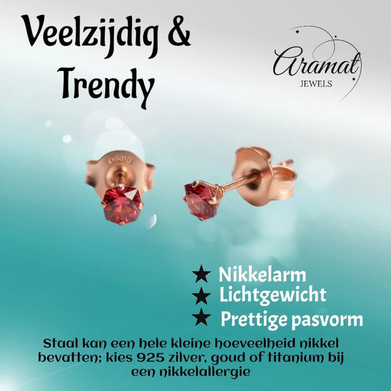 Oorbellen &acirc;&euro;&ldquo; RVS Ros&Atilde;&copy;goudkleur met Rode Vierkante Zirkonia (3mm) -