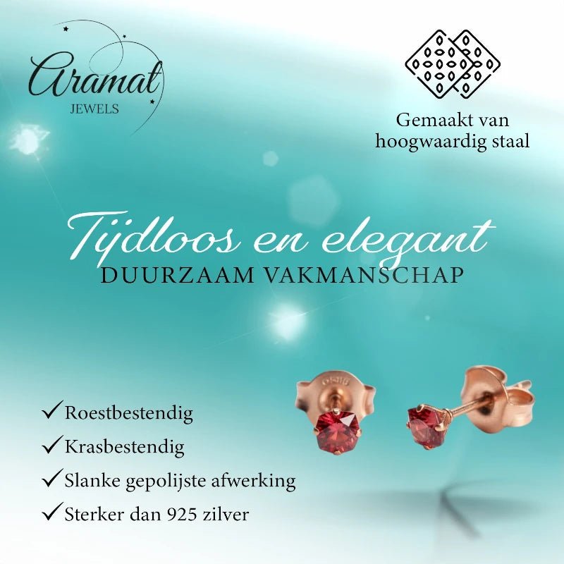 Oorbellen &acirc;&euro;&ldquo; RVS Ros&Atilde;&copy;goudkleur met Rode Vierkante Zirkonia (3mm) -
