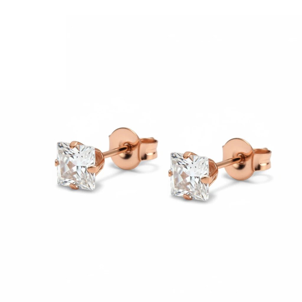 Oorbellen &acirc;&euro;&ldquo; RVS Ros&Atilde;&copy;goudkleur met Vierkante Zirkonia (5mm) -