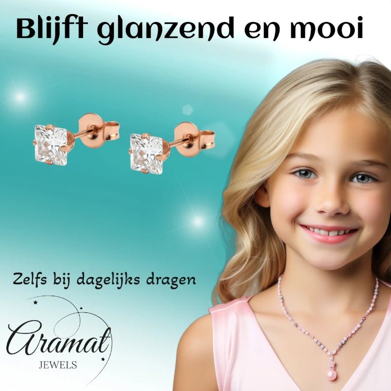 Oorbellen &acirc;&euro;&ldquo; RVS Ros&Atilde;&copy;goudkleur met Vierkante Zirkonia (5mm) -