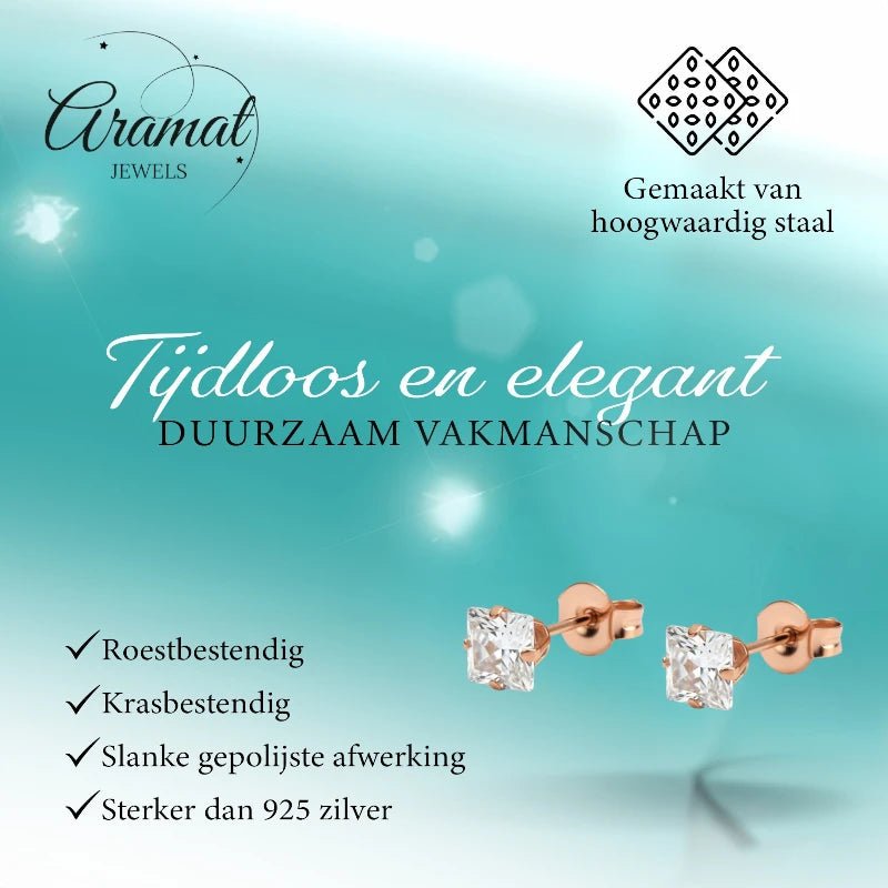 Oorbellen &acirc;&euro;&ldquo; RVS Ros&Atilde;&copy;goudkleur met Vierkante Zirkonia (5mm) -