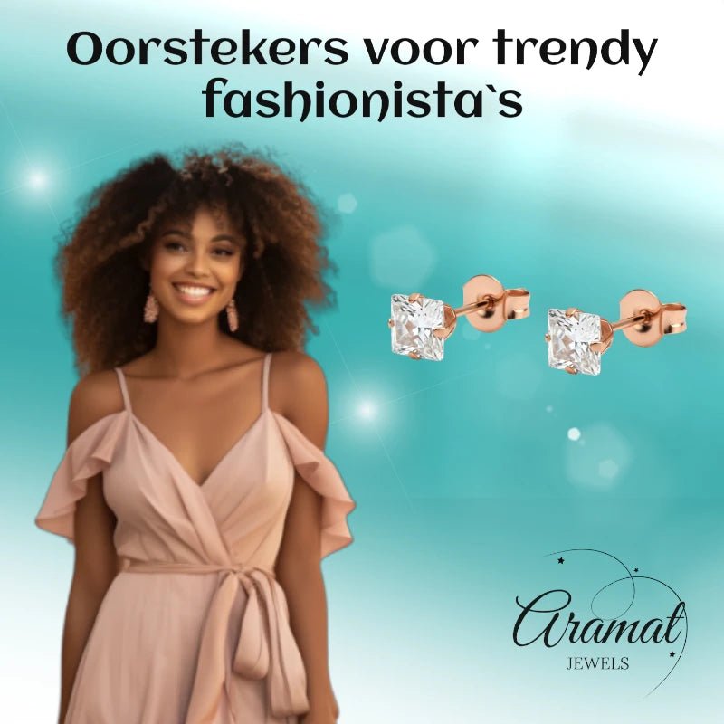 Oorbellen &acirc;&euro;&ldquo; RVS Ros&Atilde;&copy;goudkleur met Vierkante Zirkonia (5mm) -