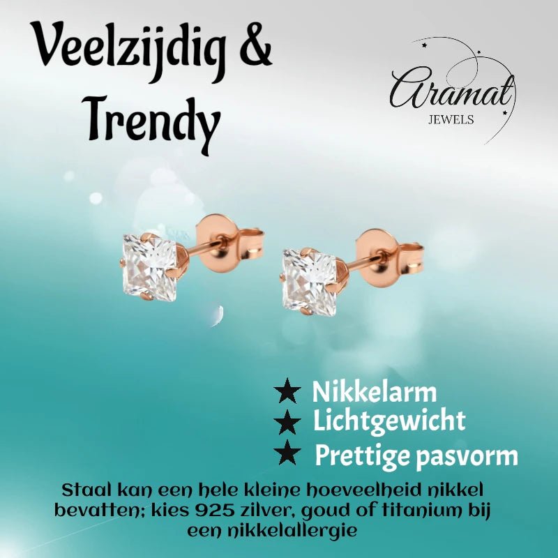 Oorbellen &acirc;&euro;&ldquo; RVS Ros&Atilde;&copy;goudkleur met Vierkante Zirkonia (5mm) -