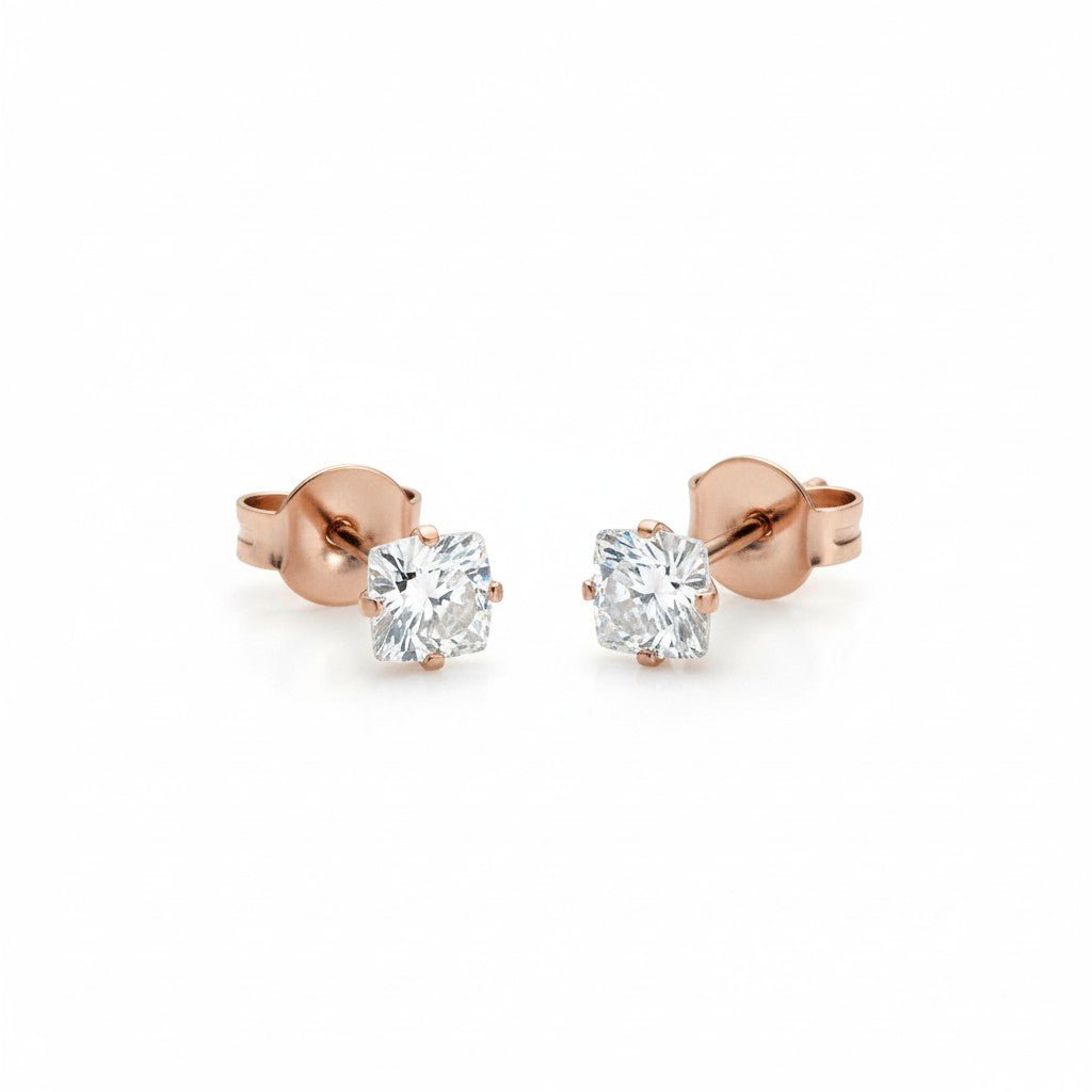 Oorbellen &acirc;&euro;&ldquo; RVS Ros&Atilde;&copy;goudkleur met Vierkante Zirkonia (4mm) -