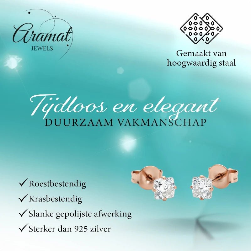 Oorbellen &acirc;&euro;&ldquo; RVS Ros&Atilde;&copy;goudkleur met Vierkante Zirkonia (4mm) -