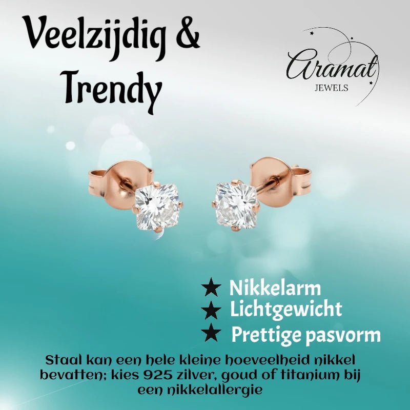 Oorbellen &acirc;&euro;&ldquo; RVS Ros&Atilde;&copy;goudkleur met Vierkante Zirkonia (4mm) -